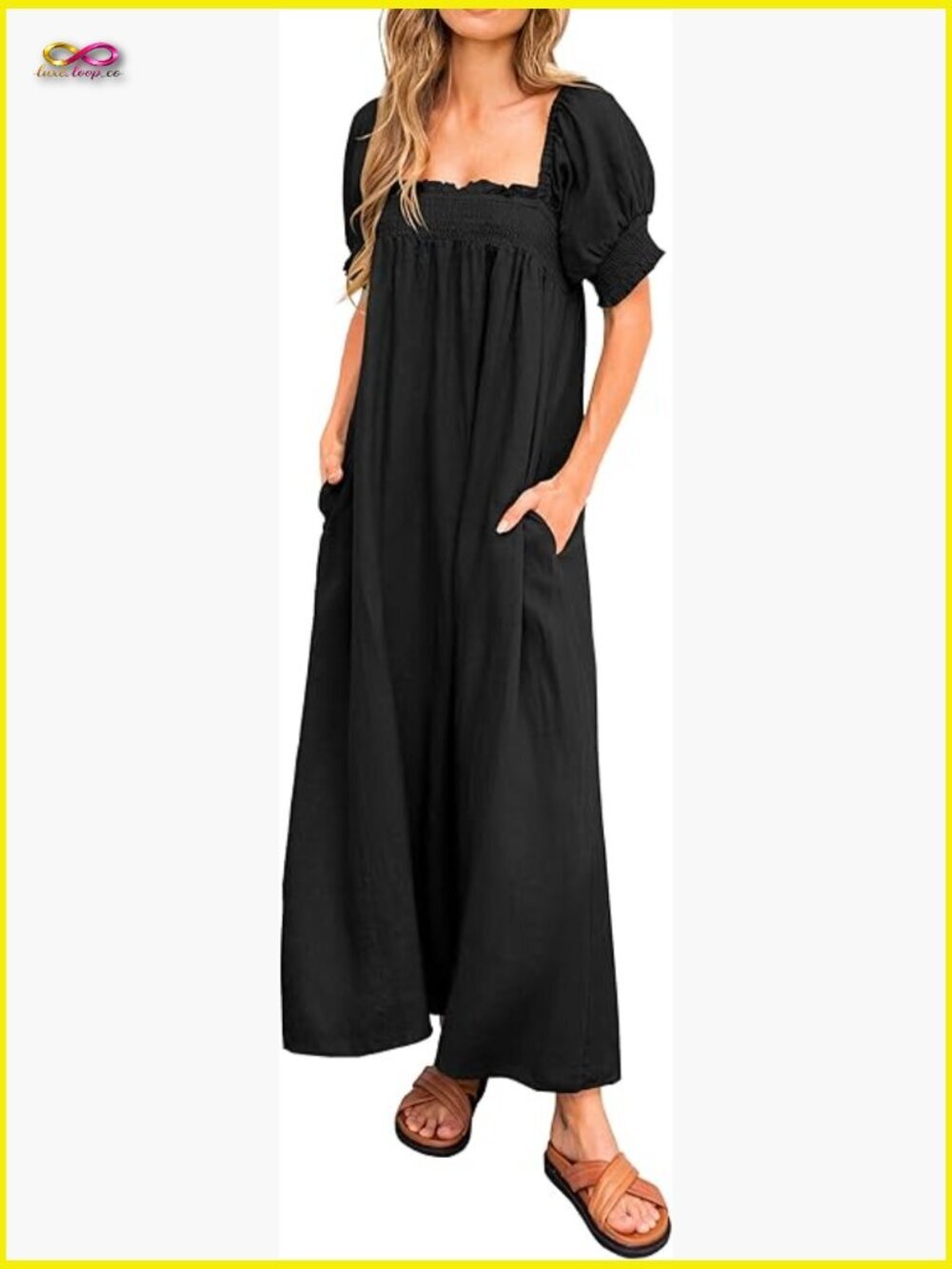 Loose Puff Sleeve Square Neck Maxi Dress Flowy Beach Dress With Pockets
